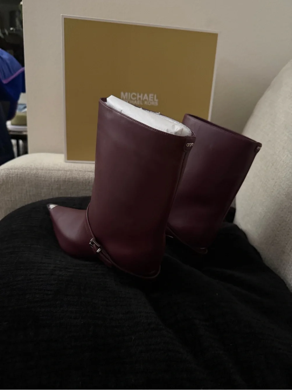 Michael Kors Burgundy Leather Pointed Toe Mid-Calf Boots with Metal Cap